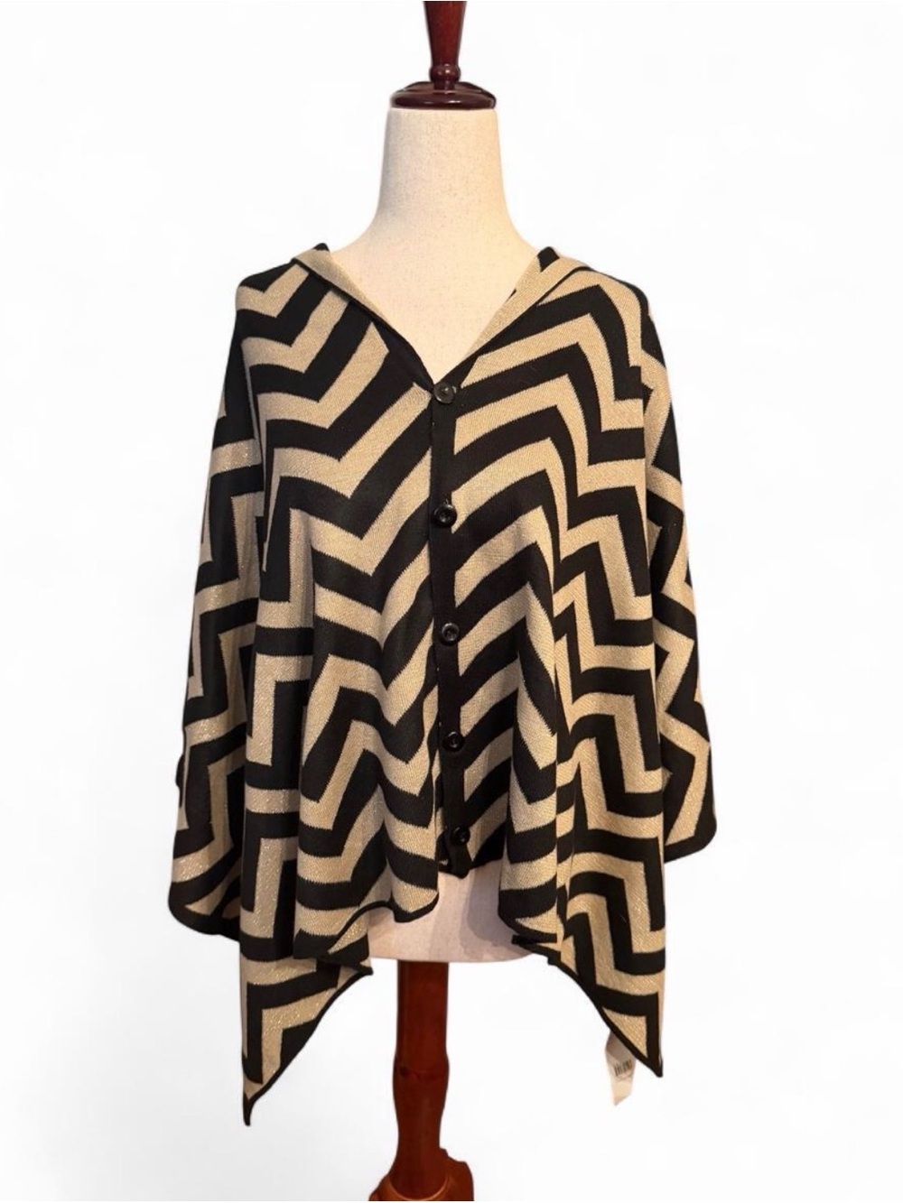 Cruise Club Metallic Chevron Button-Front Poncho/Wrap/Scarf Black & Gold O/S